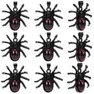 10Pcs Halloween Theme Glass Pendants, with Alloy Finding, Spider, Electrophoresis Black, 31.5x33.5x9mm, Hole: 5.5x4.5mm(FIND-SC0005-95)