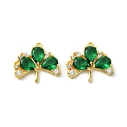 Real 18K Gold Plated Brass Pendants, with Glass, Clover Charms, Green, 16x18.5x4mm, Hole: 1.4mm(KK-D092-01G-01)