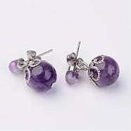Dangling Natural Amethyst Ear Studs, with Metal Findings, Platinum, 20mm, Pin: 0.7mm(EJEW-JE02186-05)