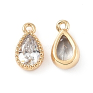 Brass Pendants with Clear Glass, Teardrop Charms, Real 18K Gold Plated, 9x5x2.5mm, Hole: 1mm(KK-E068-VF230)