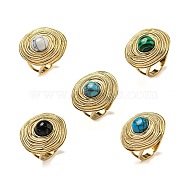304 Stainless Steel Open Cuff Rings, Synthetic Malachite & Turquoise Round Finger Rings for Women Men, Real 18K Gold Plated, Adjustable(STAS-Z060-13G)