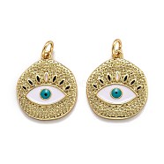 Brass Enamel Pendants, with Jump Ring, Long-Lasting Plated, Real 18K Gold Plated, Flat Round with Evil Eye, Seashell Color, 19x16x2mm, Hole: 3.6mm(X-KK-O140-08G)