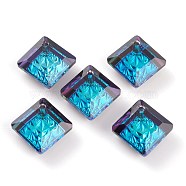Embossed Glass Rhinestone Pendants, Abnormity Embossed Style, Rhombus, Faceted, Bermuda Blue, 13x13x5mm, Hole: 1.2mm, Diagonal Length: 13mm, Side Length: 10mm(GLAA-J101-03A-001BB)