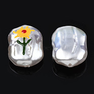 ABS Plastic Imitation Pearl Beads, with Enamel, Oval with Flower, Gold, 21x15x7~8mm, Hole: 1.2mm(KY-N015-92)