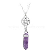 Natural Amethyst Double Terminal Pointed Pendants, Antique Silver Plated Alloy Faceted Bullet Charms, 32x8mm(PW-WG65822-02)