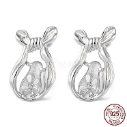 Rhodium Plated 925 Sterling Silver Stud Earring Settings, Mouse, for Half Drilled Beads, with S925 Stamp, Real Platinum Plated, 18x11.5mm, Pin: 11x0.9mm and 0.7mm(STER-M115-01P)