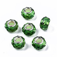 Transparent Resin European Beads, Imitation Crystal, Large Hole Beads, with Silver Tone Brass Double Cores, Faceted, Rondelle, Lime Green, 14x9.5mm, Hole: 5mm(RPDL-T003-003-B05)