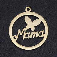 Mother's Day Theme, 201 Stainless Steel Laser Cut Pendants, Ring with Butterfly & Word MaMa, Golden, 22.5x19.5x1mm, Hole: 1.4mm(STAS-S105-T973-2)