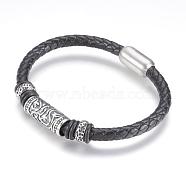 Leather Cord Bracelets, with 304 Stainless Steel Findings and Magnetic Clasps, Column, Antique Silver, 8-3/8 inch(212mm)(BJEW-F274-25AS)