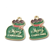Alloy Enamel Pendants, for Christmas, Light Gold Plated, Bag with Word Merry Christmas, Green, 24x17.5x1mm, Hole: 1mm(ENAM-J649-31LG-A)