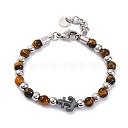 Natural Tiger Eye & Synthetic Magnetic Hematite Anchor Beaded Bracelet, 8-1/2 inch(21.5cm)(BJEW-P339-01P-04)