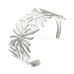 304 Stainless Steel Cuff Ring for Women, Flower, Stainless Steel Color, 35.5mm, Adjustable(RJEW-U025-04P)