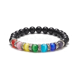 Natural Black Onyx & Cat Eye Beaded Stretch Bracelet, Gemstone Jewelry for Women, Colorful, Inner Diameter: 2-1/4 inch(5.7cm)(BJEW-TA00222)