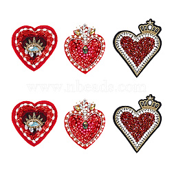 DELORIGIN 6Pcs 3 Styles Heart Non-woven Fabrics Ornament Accessories, Rhinestone Beaded Appliques, Red, 86~115x80~91x5~7mm, 2pcs/style(PATC-DR0001-01)