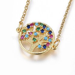304 Stainless Steel Pendant Necklaces, with Cubic Zirconia, Colorful, Flat Round with Life Tree, Golden, 17.71 inch(45cm)(X-NJEW-L146-04G)