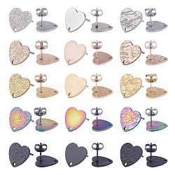 30Pcs 15 Style 304 Stainless Steel Stud Earring Findings, with Hole and Ear Nuts, Textured Heart, Mixed Color, 12x13mm, Hole: 1.5mm, Pin: 0.7mm, 2Pcs/style(STAS-SZ0002-74)