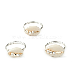 Natural Cowrie Shell Finger Rings, Copper Wire Wrap Jewelry for Women, Silver, 1.5mm, Inner Diameter: 18mm(RJEW-TA00171)