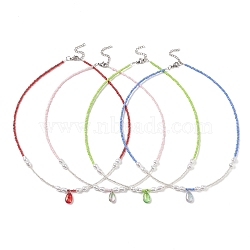 Glass Teardrop Pendant Necklace with Seed Beaded Chains, 304 Stainless Steel Jewelry, Mixed Color, 18.70 inch(47.5cm)(NJEW-JN04333)