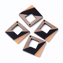 Resin & Walnut Wood Pendants, Rhombus, Sandy Brown, 37x37x3mm, Hole: 2mm(RESI-N025-006A-B02)