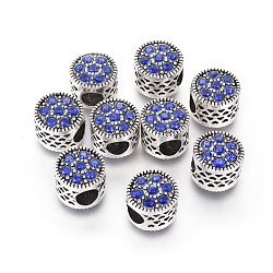 Alloy European Beads, Large Hole Beads, with Rhinestone, Column with Heart, Antique Silver, Sapphire, 10x8.5~9mm, Hole: 5mm(MPDL-I006-01C)