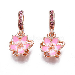 Rack Plating Alloy Enamel European Dangle Charms, with Rose Rhinestone, Large Hole Pendants, Cadmium Free & Nickel Free & Lead Free, Flower, Pearl Pink, 27mm, Hole: 5mm, Flower: 14.5x13x6mm(MPDL-N039-067)