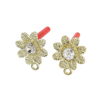 Rack Plating Golden Alloy with Rhinestone Stud Earring Findings, with Loops and 304 Stainless Steel Pins, Cadmium Free & Nickel Free & Lead Free, Flower, 17.5x15mm, Hole: 1.6mm, Pin: 0.7x10mm