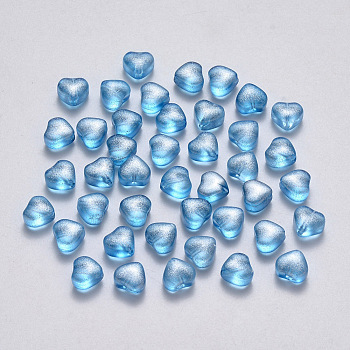 Transparent Spray Painted Glass Beads, with Glitter Powder, Heart, Deep Sky Blue, 6x6x4mm, Hole: 0.7mm