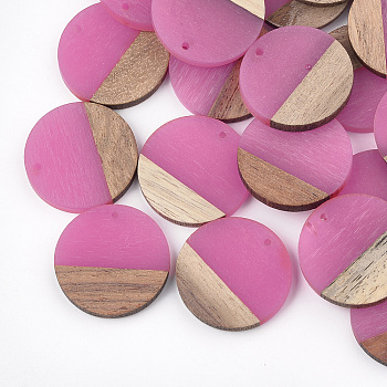 Resin & Wood Pendants, Flat Round, Hot Pink, 28.5x3.5~4mm, Hole: 1.5mm