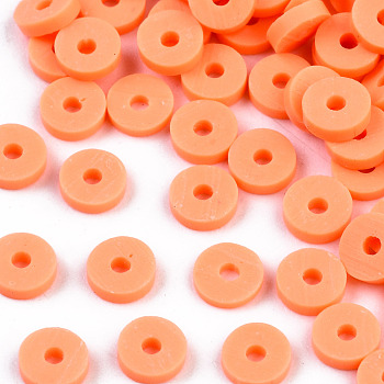 Eco-Friendly Handmade Polymer Clay Beads, Disc/Flat Round, Heishi Beads, Coral, 8x0.5~1mm, Hole: 2mm, about 13000pcs/1000g
