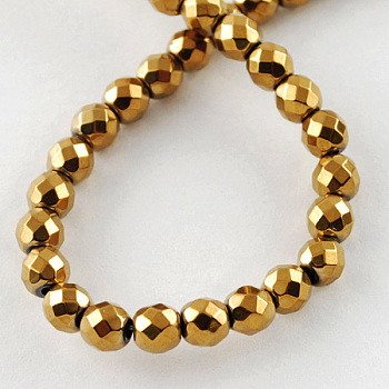 Non-magnetic Synthetic Hematite Beads Strands, Grade A, Faceted, Round, Golden Plated, 4x4mm, Hole: 1mm