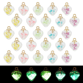 60Pcs 5 Colors Luminous Glow in the Dark Glass Wish Bottle Pendants, Heart Charms, Mixed Color, 20x15x9mm, 12Pcs/color