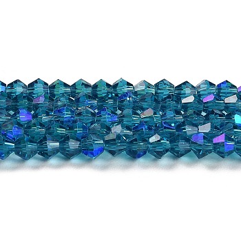 Transparent Electroplate Glass Beads Strands, AB Color Plated, Faceted, Bicone, Steel Blue, 2.9~3.3x2.5mm, Hole: 0.7mm, about 145~150pcs/strand, 16.34~16.54 inch(41.5~42cm)