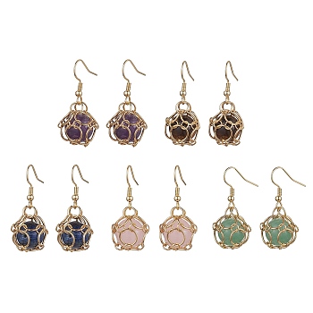 Natural Mixed Gemstone Dangle Earrings, 304 Stainless Steel Macrame Pouch Drop Earrings, Golden, 35x15mm