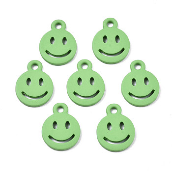 Spray Painted Alloy Charms, Cadmium Free & Lead Free, Flat Round with Smiling Face, Lime, 12.5x9.5x1.5mm, Hole: 1.5mm