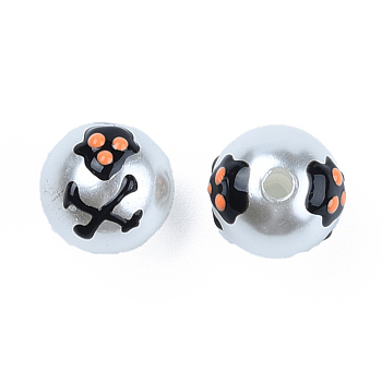 ABS Plastic Imitation Pearl Beads, with Enamel, Round with Skull, Black, 12.5x12x11.5mm, Hole: 2mm