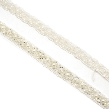 Imitation Polyeste with ABS Plastic Beaded Trimming, Edge Lace Ribbon, for Sewing Wedding Dress Decoration, White, 5/8x1/4 inch(15x6mm), 9.6~10Yard/bag