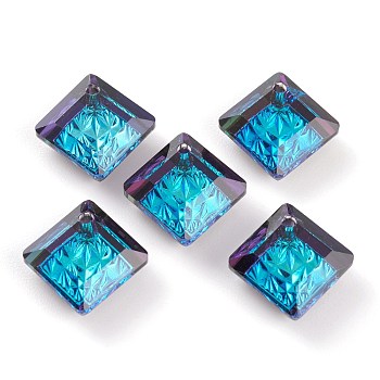 Embossed Glass Rhinestone Pendants, Abnormity Embossed Style, Rhombus, Faceted, Bermuda Blue, 13x13x5mm, Hole: 1.2mm, Diagonal Length: 13mm, Side Length: 10mm