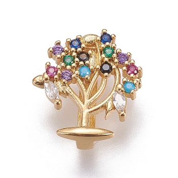 Brass Micro Pave Cubic Zirconia Slide Charms, Tree of Life, Colorful, Golden, 14x13x5mm, Hole: 2x10.5mm
