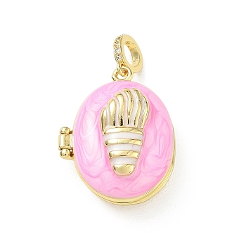 Brass Micro Pave Clear Cubic Zirconia Photo Locket Pendants, Openable Sea Animals Charms with Enamel, Real 18K Gold Plated, Long-Lasting Plated, Cadmium Free & Lead Free, Rack Plating, Pearl Pink, Oval with Conch Pattern, 34mm, Hole: 5mm, inner size: 19x14.5mm