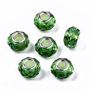 Transparent Resin European Beads, Imitation Crystal, Large Hole Beads, with Silver Tone Brass Double Cores, Faceted, Rondelle, Lime Green, 14x9.5mm, Hole: 5mm