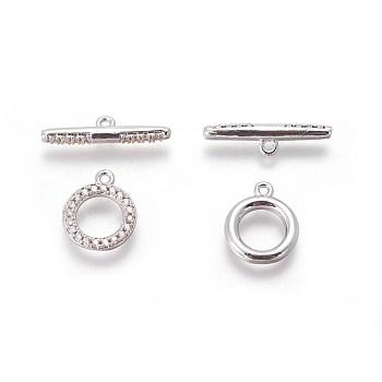 Brass Micro Pave Cubic Zirconia Toggle Clasps, Platinum, Ring: 14x11.5x2mm, Hole: 1.2mm, Inner Diameter: 7mm, Bar: 20.5x5x2.5mm, Hole: 1.2mm