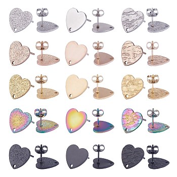 30Pcs 15 Style 304 Stainless Steel Stud Earring Findings, with Hole and Ear Nuts, Textured Heart, Mixed Color, 12x13mm, Hole: 1.5mm, Pin: 0.7mm, 2Pcs/style