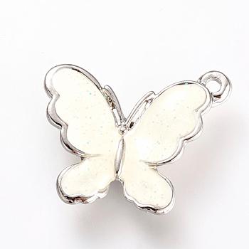Enamel Style Alloy Pendants, with Glitter Powder, Butterfly, Platinum, 18x21.5x3mm, Hole: 2mm