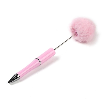 Plastic Ball-Point Pen, Iron Pole Beadable Pen with Pompom Ball, for DIY Personalized Pen with Jewelry Beads, Pink, 165x12mm