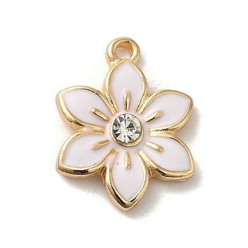 Flower Alloy Enamel Pendants, with Rhinestone, Light Gold, White, 17x13x3mm, Hole: 1.5mm