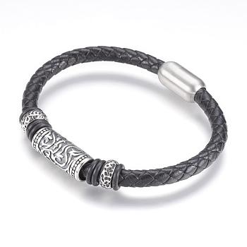 Leather Cord Bracelets, with 304 Stainless Steel Findings and Magnetic Clasps, Column, Antique Silver, 8-3/8 inch(212mm)