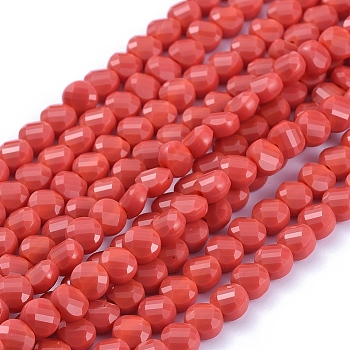Glass Beads Strands, Faceted, Flat Round, Red, 6x4mm, Hole: 1.2mm, about 98pcs/Strand, 22 inch(53.5cm)