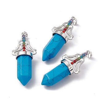 Synthetic Turquoise Big Pendants, 7 Chakra Faceted Bullet Charms, with Platinum Plated Brass Findings and Colorful Rhinestone, Cadmium Free & Lead Free, 55x22.5x16mm, Hole: 8x5mm