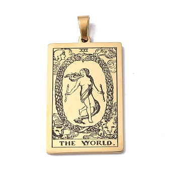 201 Stainless Steel Pendant, Golden, Rectangle with Tarot Pattern, The World XXI, 40x24x1.5mm, Hole: 4x7mm