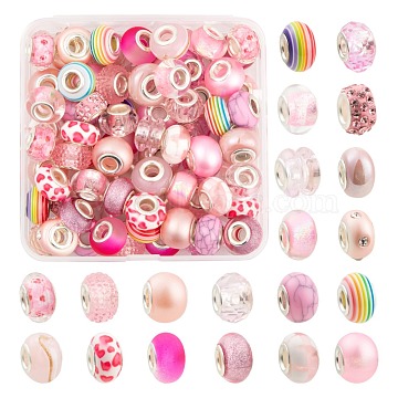 80Pcs 20 Style Rondelle European Beads Set for DIY Jewelry Making Finding Kit, Including Acrylic & Glass & Lampwork & Resin & Porcelain & Polymer Clay Rhinestone European Beads, Pink, 11~16x7~12mm, Hole: 4.5~5mm, 4pcs/style(DIY-LS0004-11)